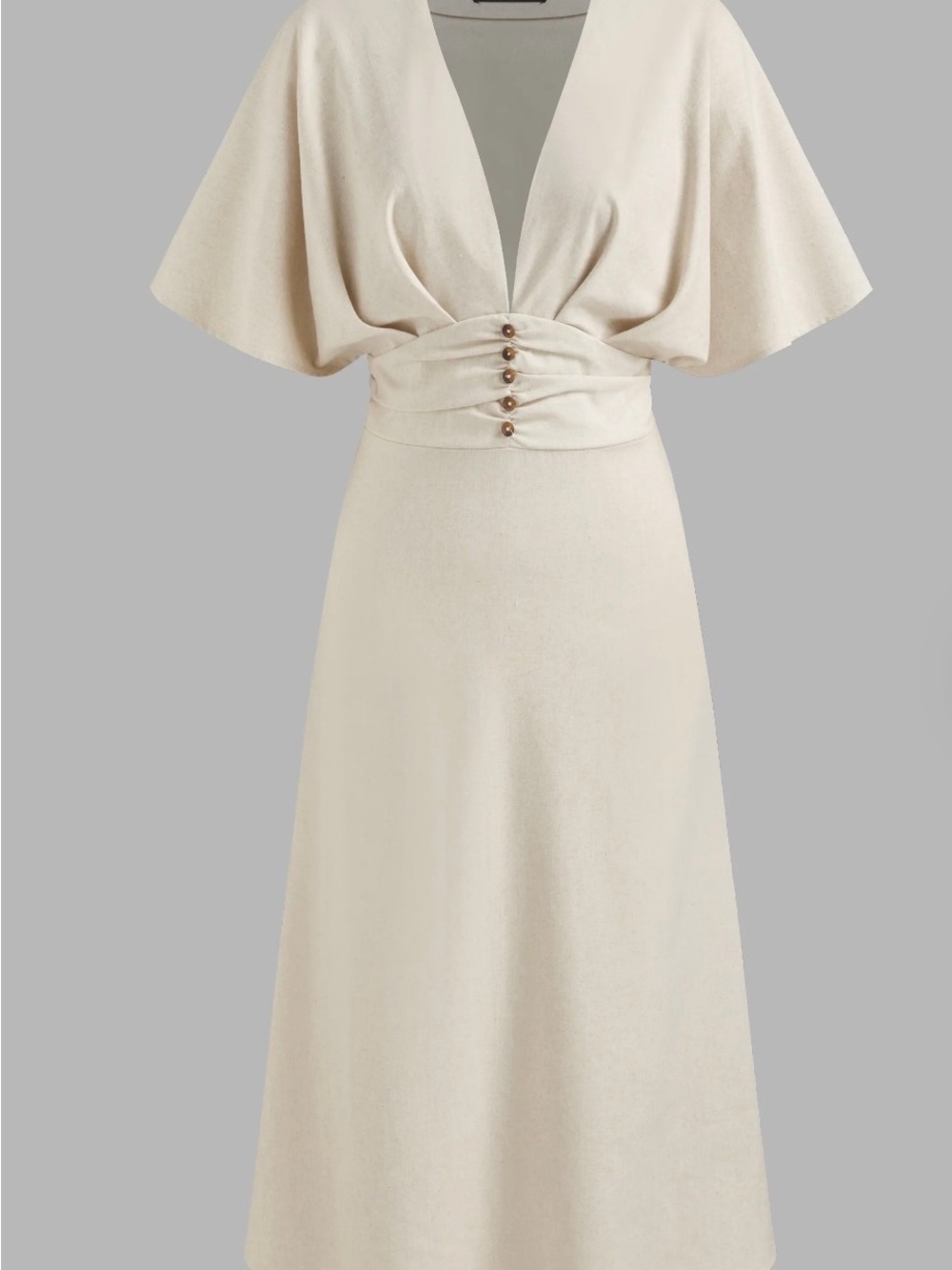 Cider Cream V-Neck Midi Dress with Buttoned Waist Detail